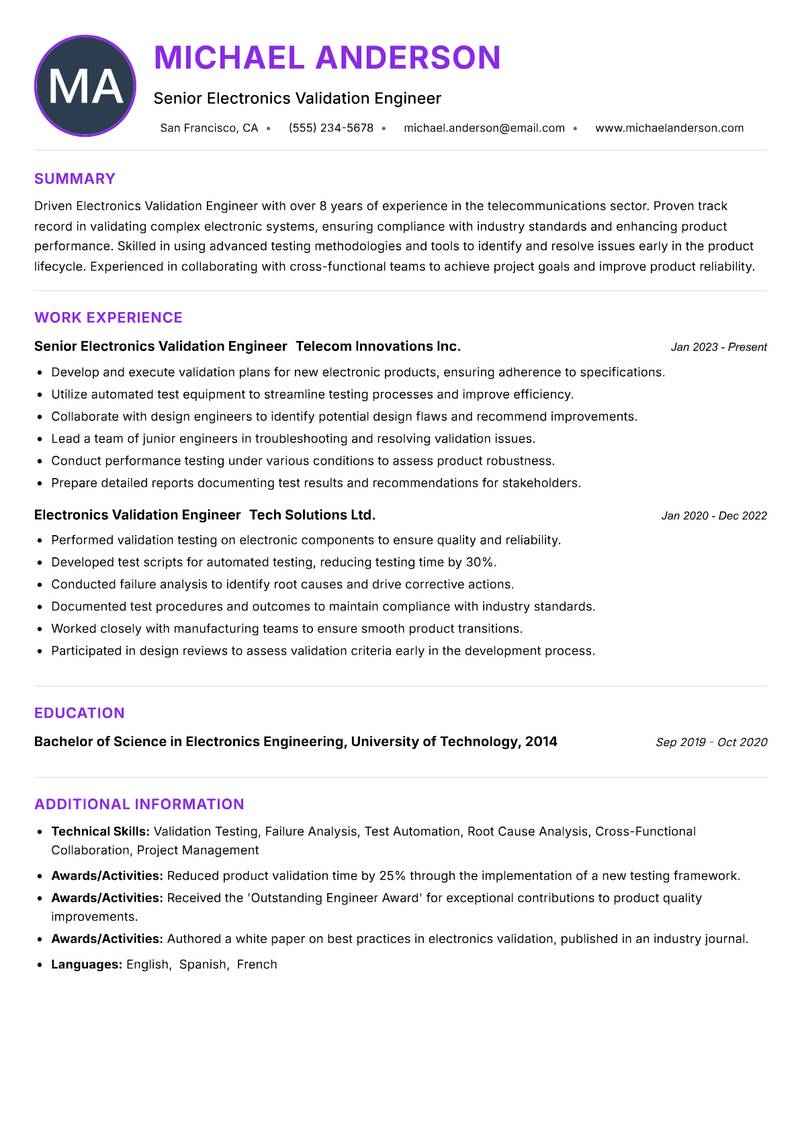 Electronics Validation Engineer resume example