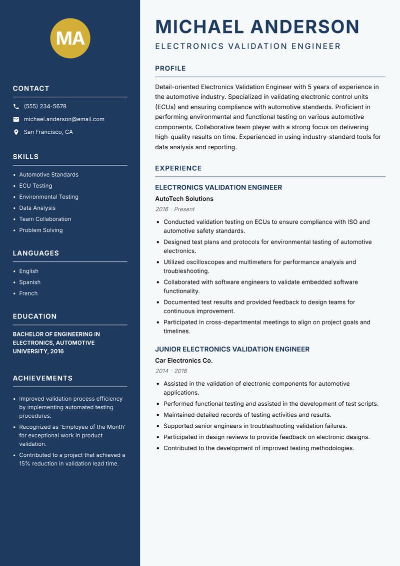 Electronics Validation Engineer resume sample — Electronics Validation Engineer focus