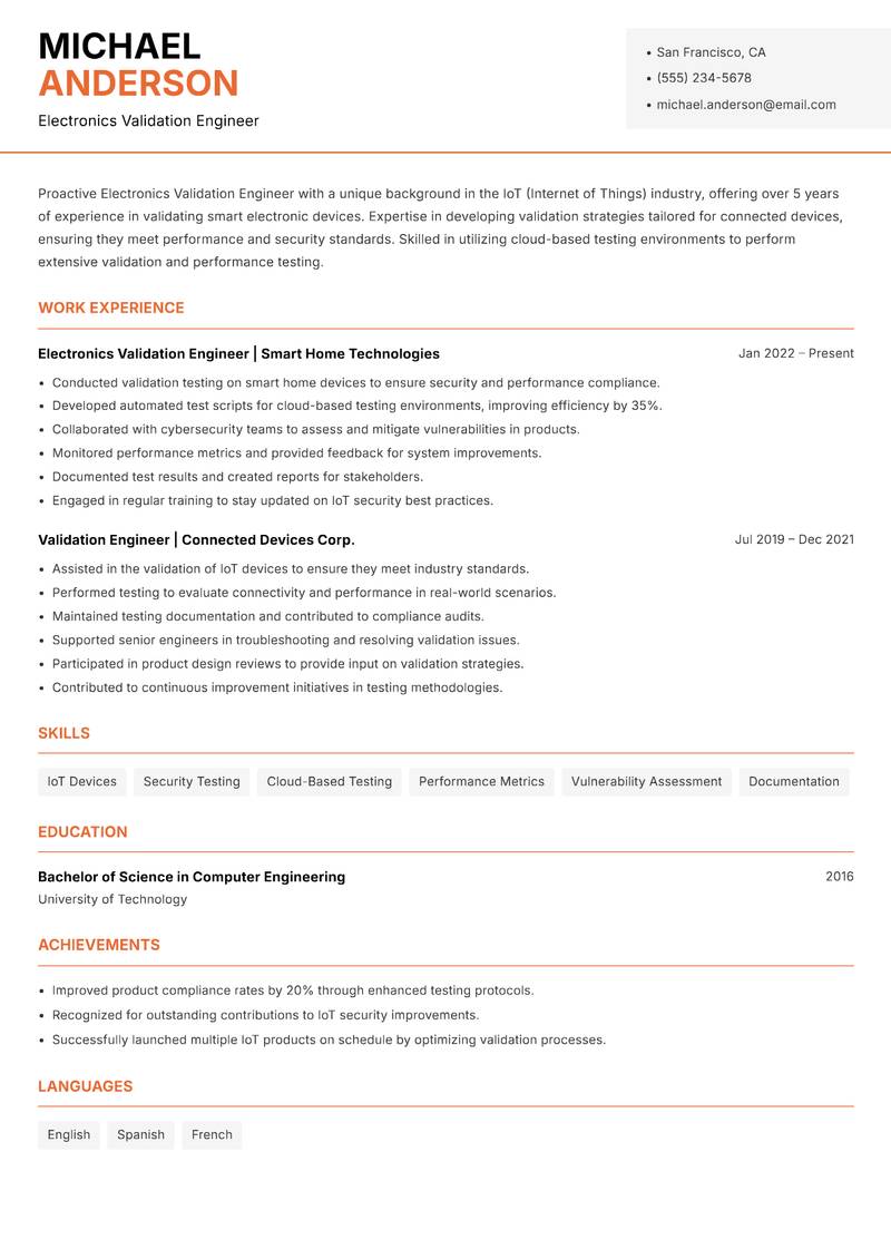 Electronics Validation Engineer resume sample — Electronics Validation Engineer focus