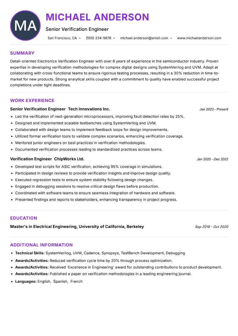 Electronics Verification Engineer resume example