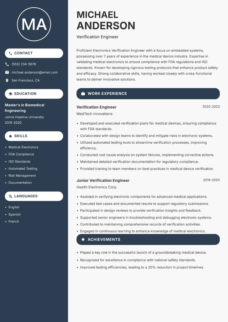 Electronics Verification Engineer resume sample — Verification Engineer focus
