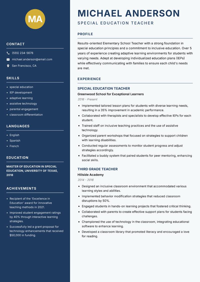 Elementary School Teacher resume sample — Special Education Teacher focus