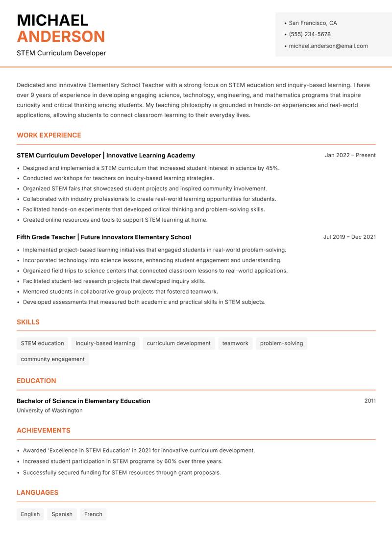 Elementary School Teacher resume sample — STEM Curriculum Developer focus