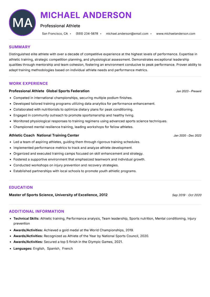 Elite Athlete resume example