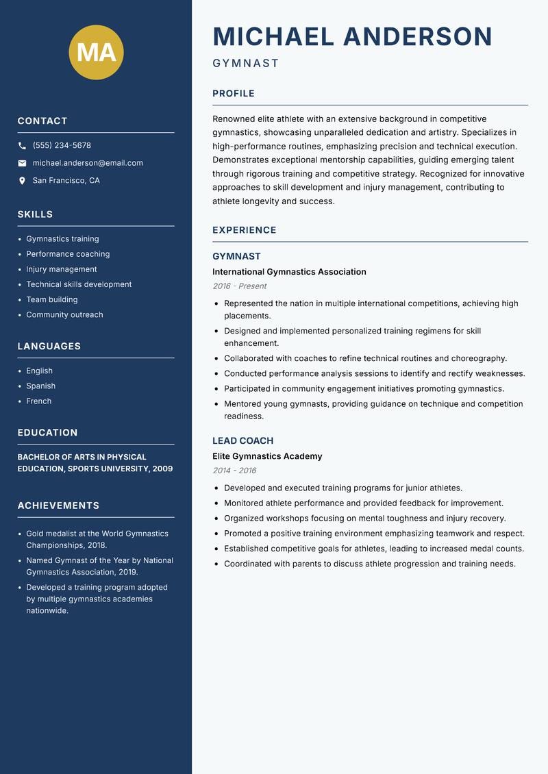 Elite Athlete resume sample — Gymnast focus