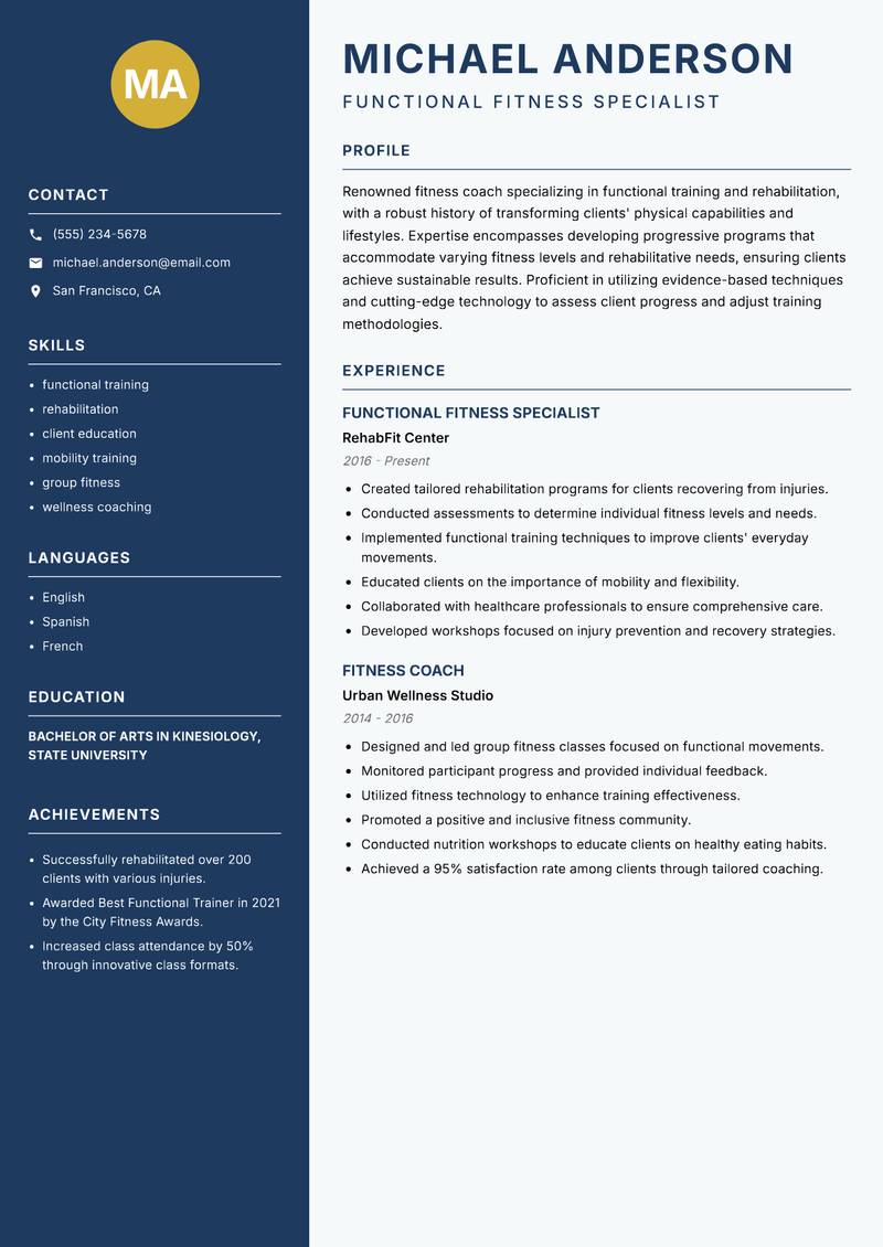 Elite Fitness Coach resume sample — Functional Fitness Specialist focus