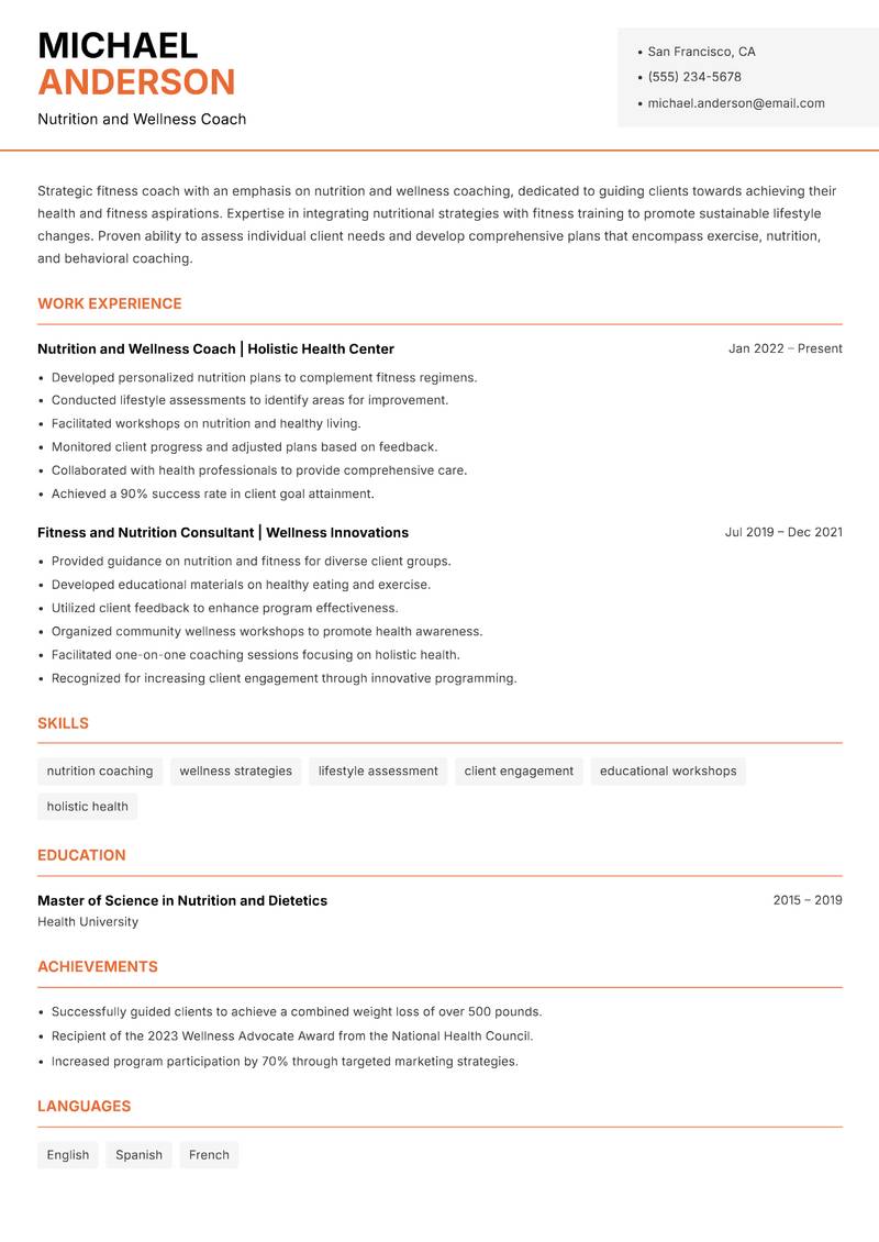 Elite Fitness Coach resume sample — Nutrition and Wellness Coach focus