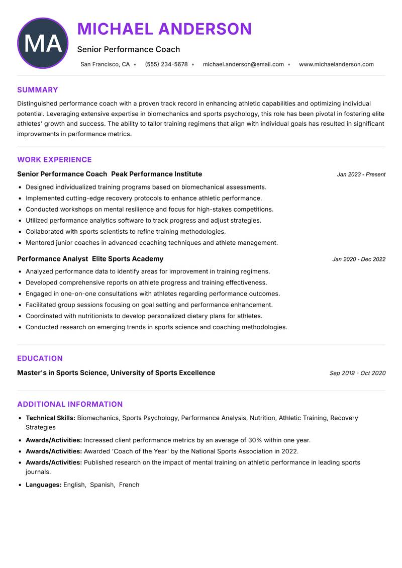 Elite Performance Coach resume example