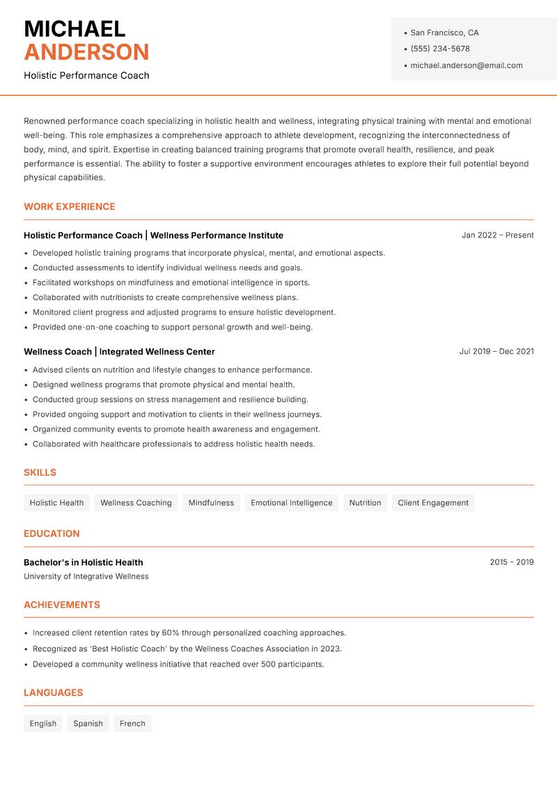 Elite Performance Coach resume sample — Holistic Performance Coach focus