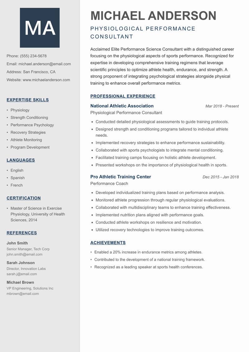 Elite Performance Science Consultant resume sample — Physiological Performance Consultant focus
