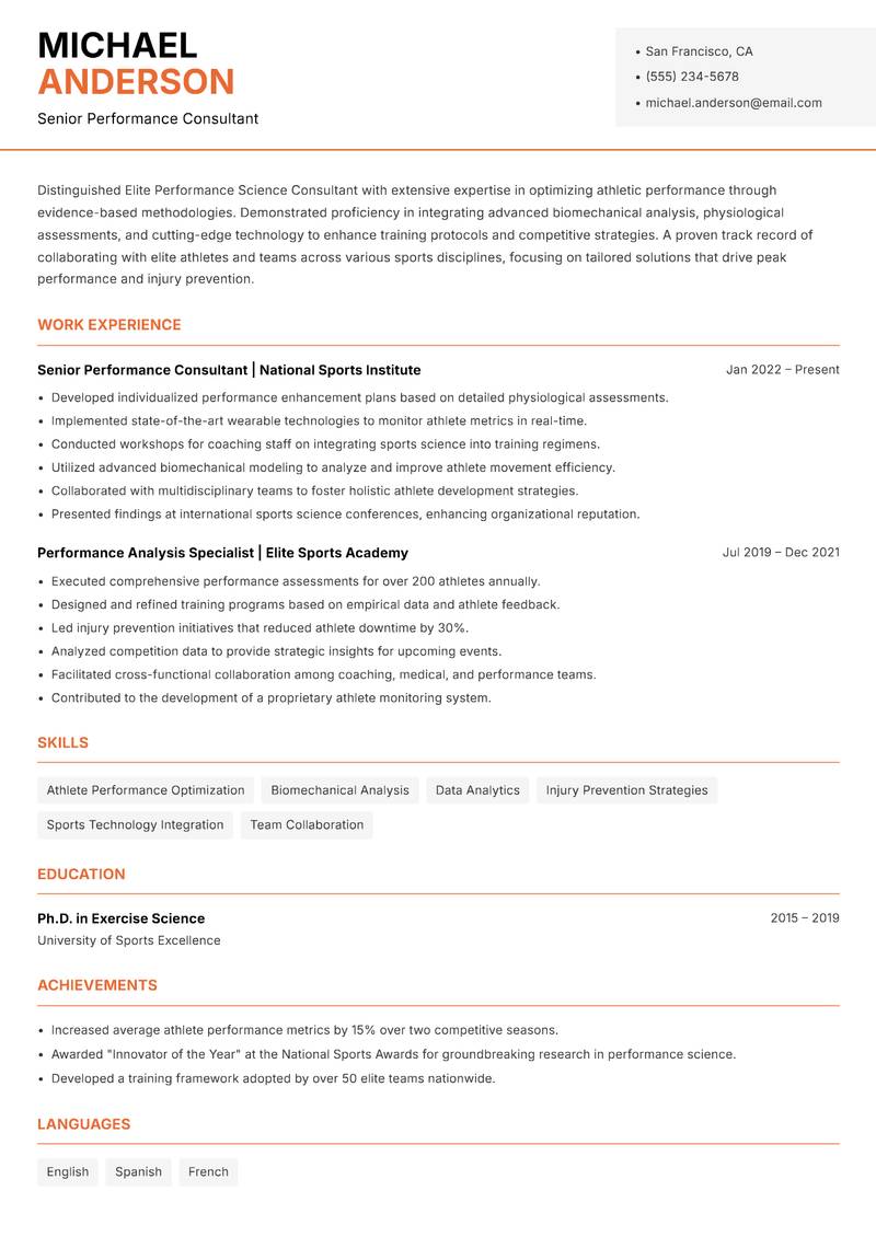 Elite Performance Science Consultant resume sample — Senior Performance Consultant focus