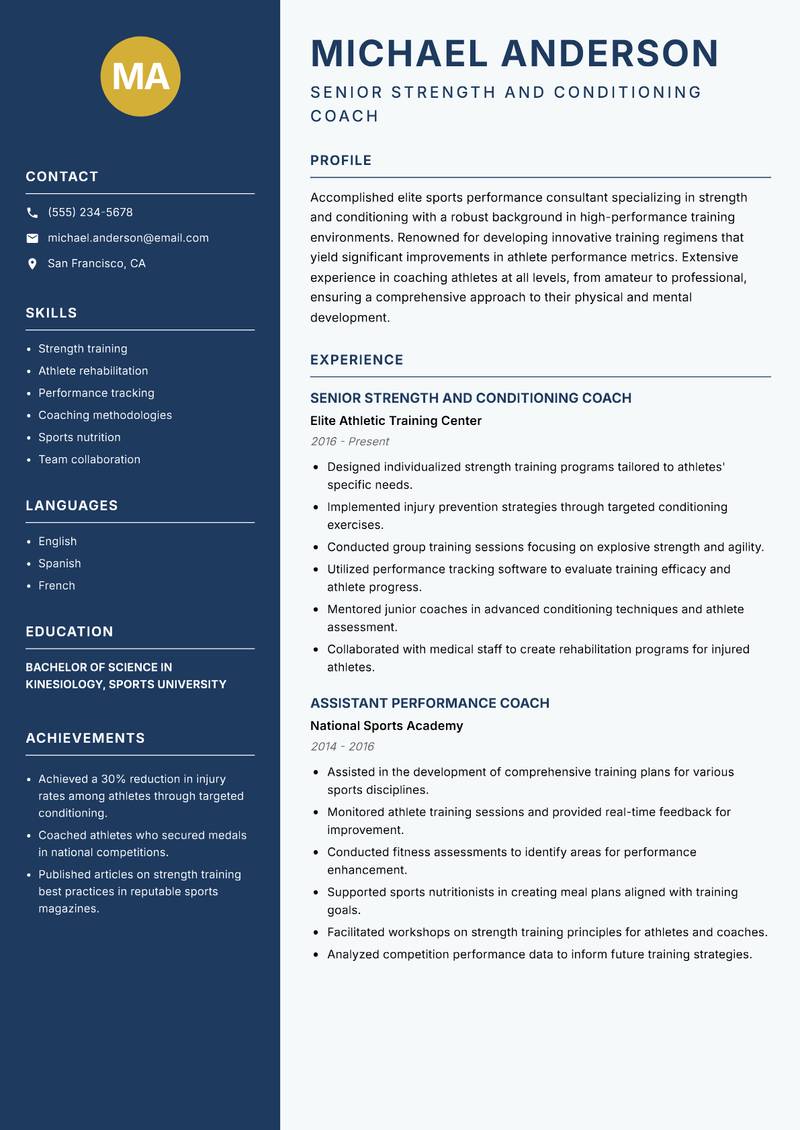 Elite Sports Performance Consultant resume sample — Senior Strength and Conditioning Coach focus