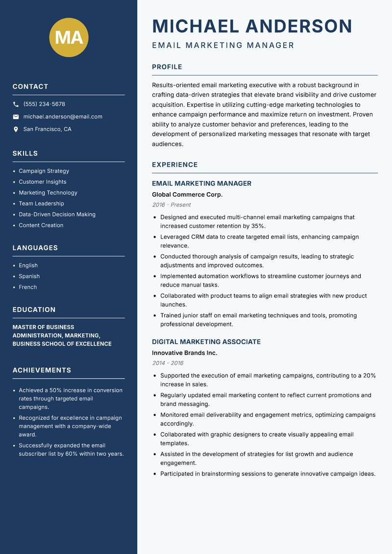 Email Marketing Executive resume sample — Email Marketing Manager focus