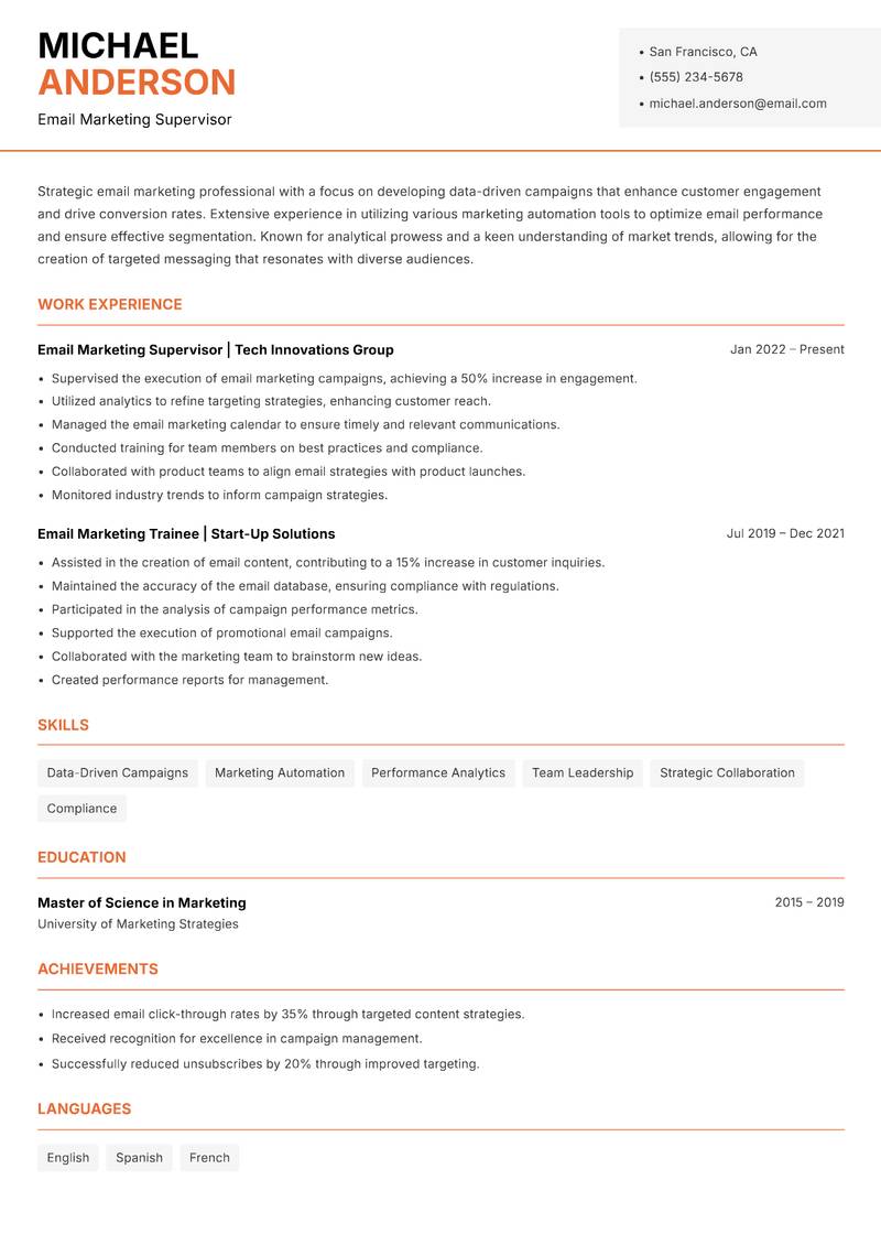 Email Marketing Executive resume sample — Email Marketing Supervisor focus