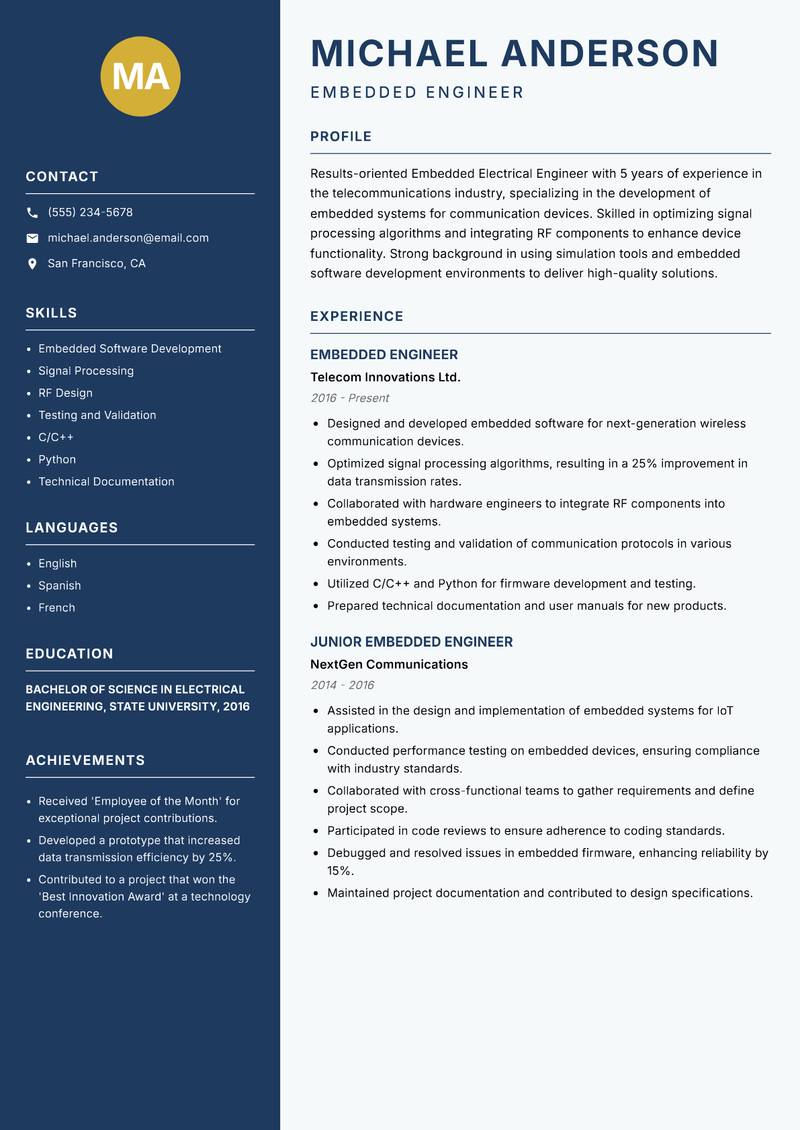 Embedded Electrical Engineer resume sample — Embedded Engineer focus
