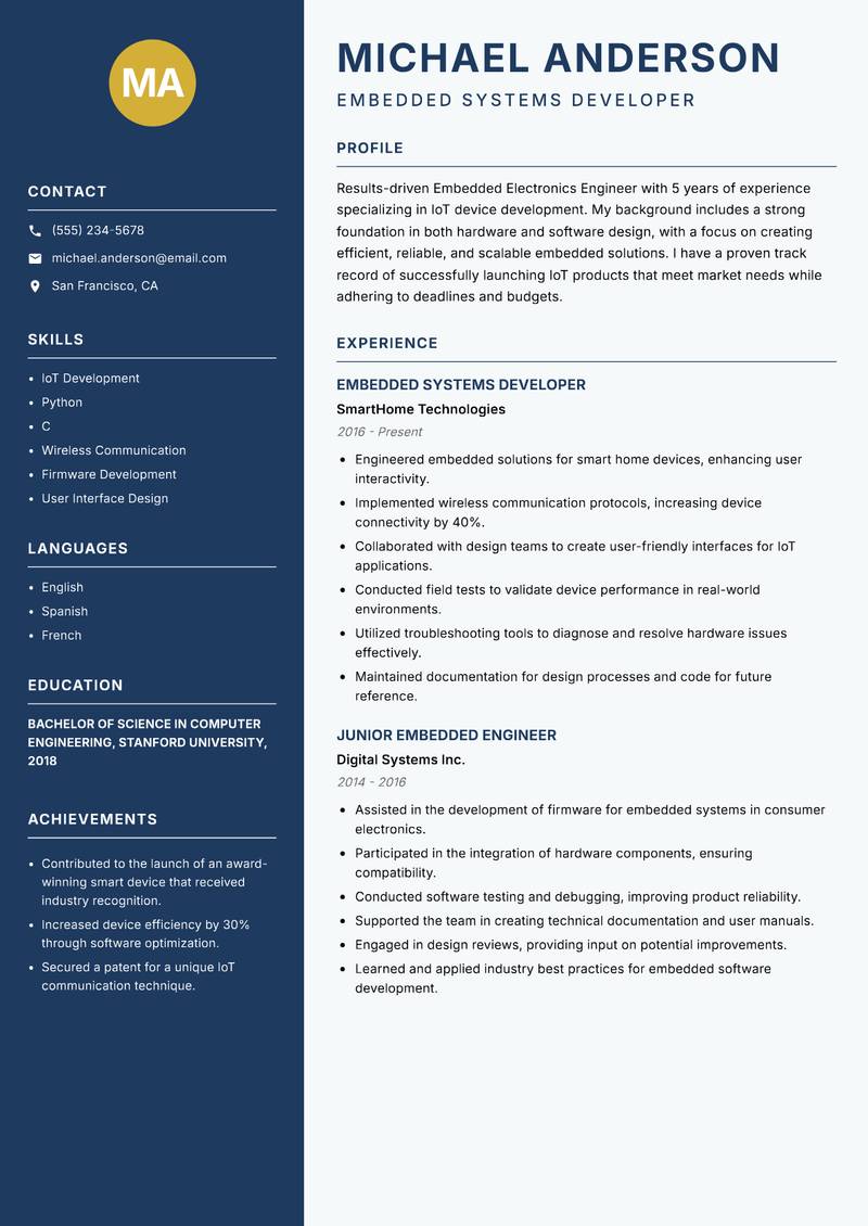 Embedded Electronics Engineer resume sample — Embedded Systems Developer focus