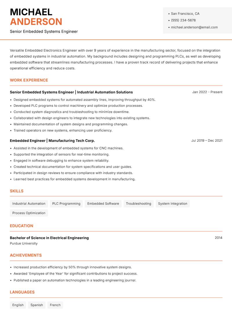 Embedded Electronics Engineer resume sample — Senior Embedded Systems Engineer focus