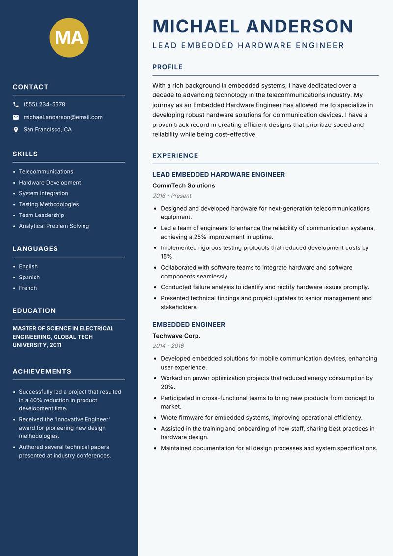Embedded Hardware Engineer resume sample — Lead Embedded Hardware Engineer focus