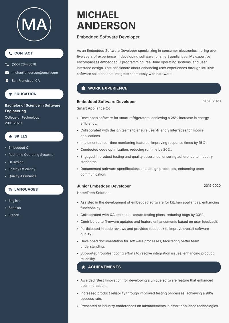 Embedded Software Developer resume sample — Embedded Software Developer focus