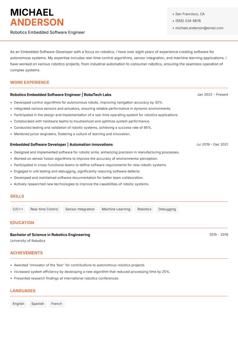 Embedded Software Developer resume sample — Robotics Embedded Software Engineer focus