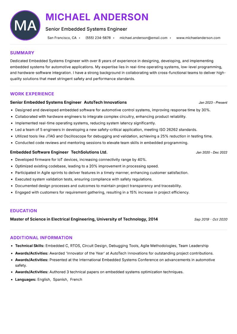 Embedded Systems Engineer resume example