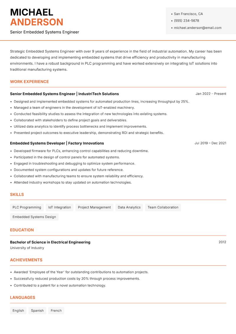 Embedded Systems Engineer resume sample — Senior Embedded Systems Engineer focus