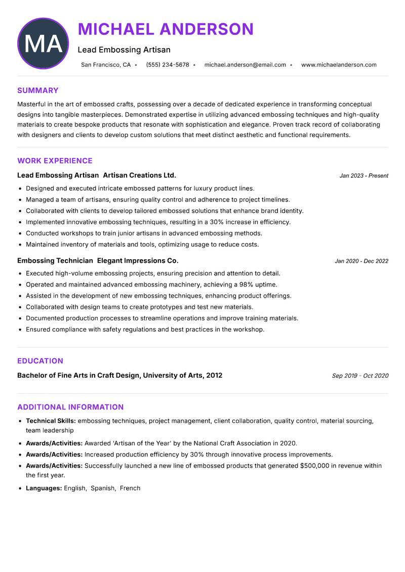 Embossed Craft Artisan resume example