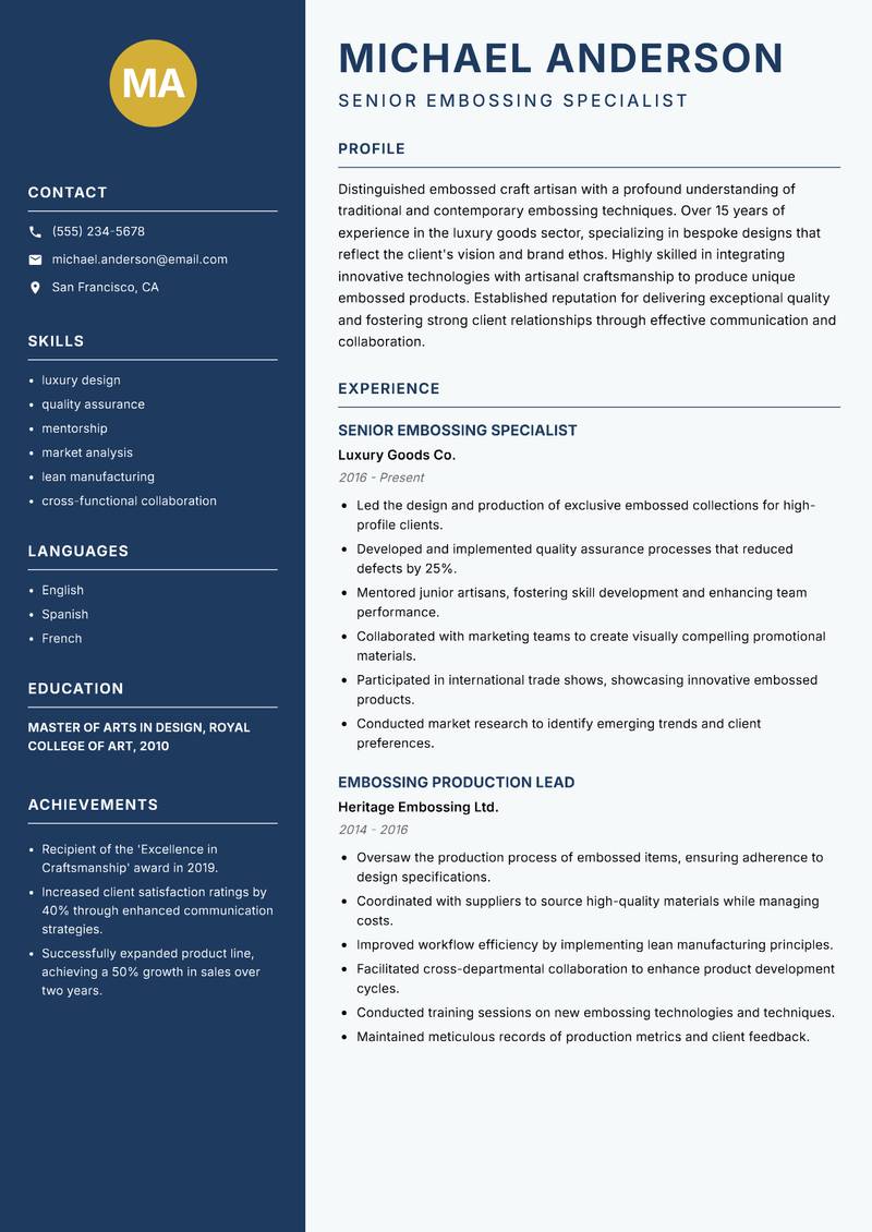 Embossed Craft Artisan resume sample — Senior Embossing Specialist focus