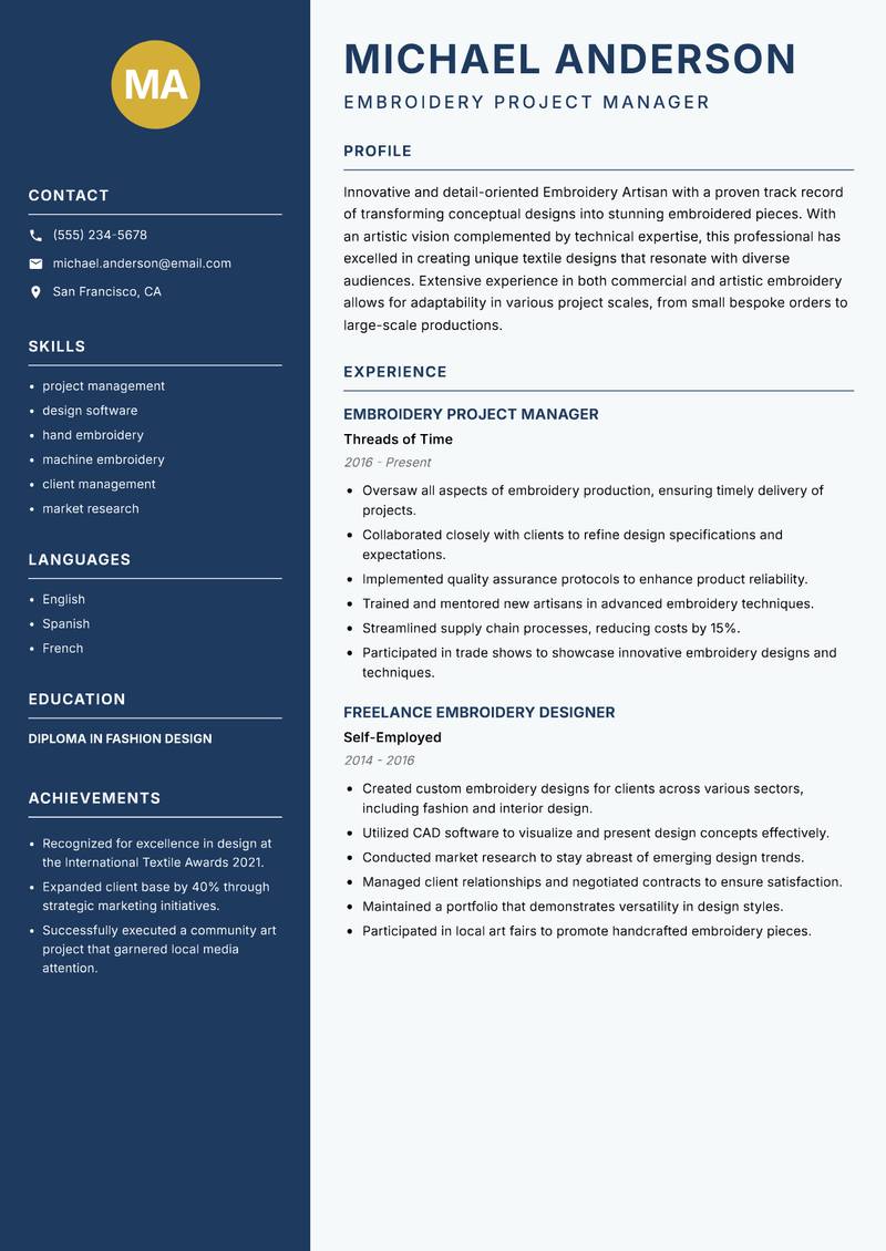 Embroidery Artisan resume sample — Embroidery Project Manager focus