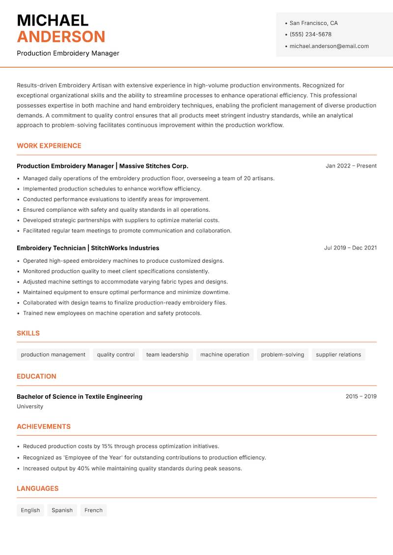 Embroidery Artisan resume sample — Production Embroidery Manager focus