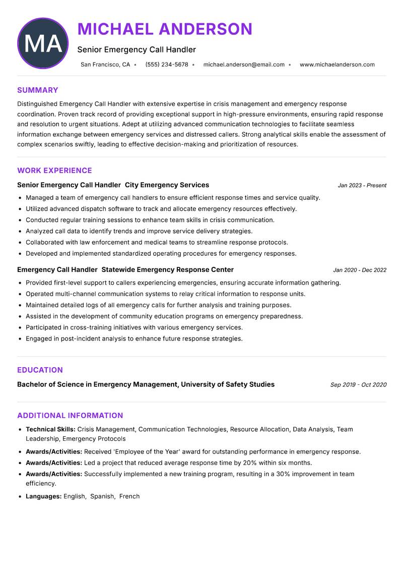 Emergency Call Handler resume example