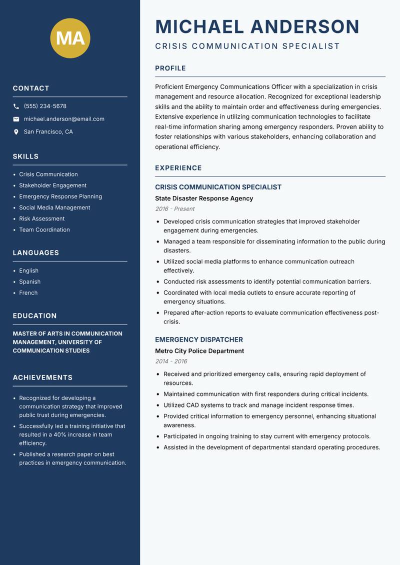 Emergency Communications Officer resume sample — Crisis Communication Specialist focus