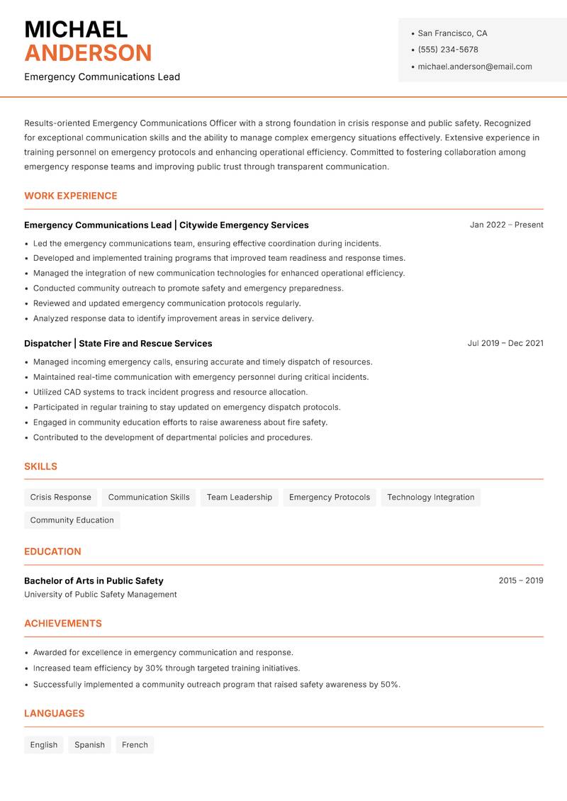 Emergency Communications Officer resume sample — Emergency Communications Lead focus