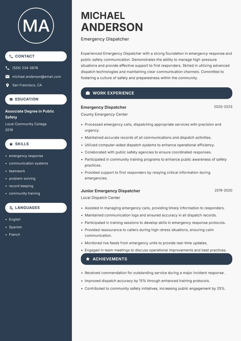 Emergency Dispatcher resume sample — Emergency Dispatcher focus