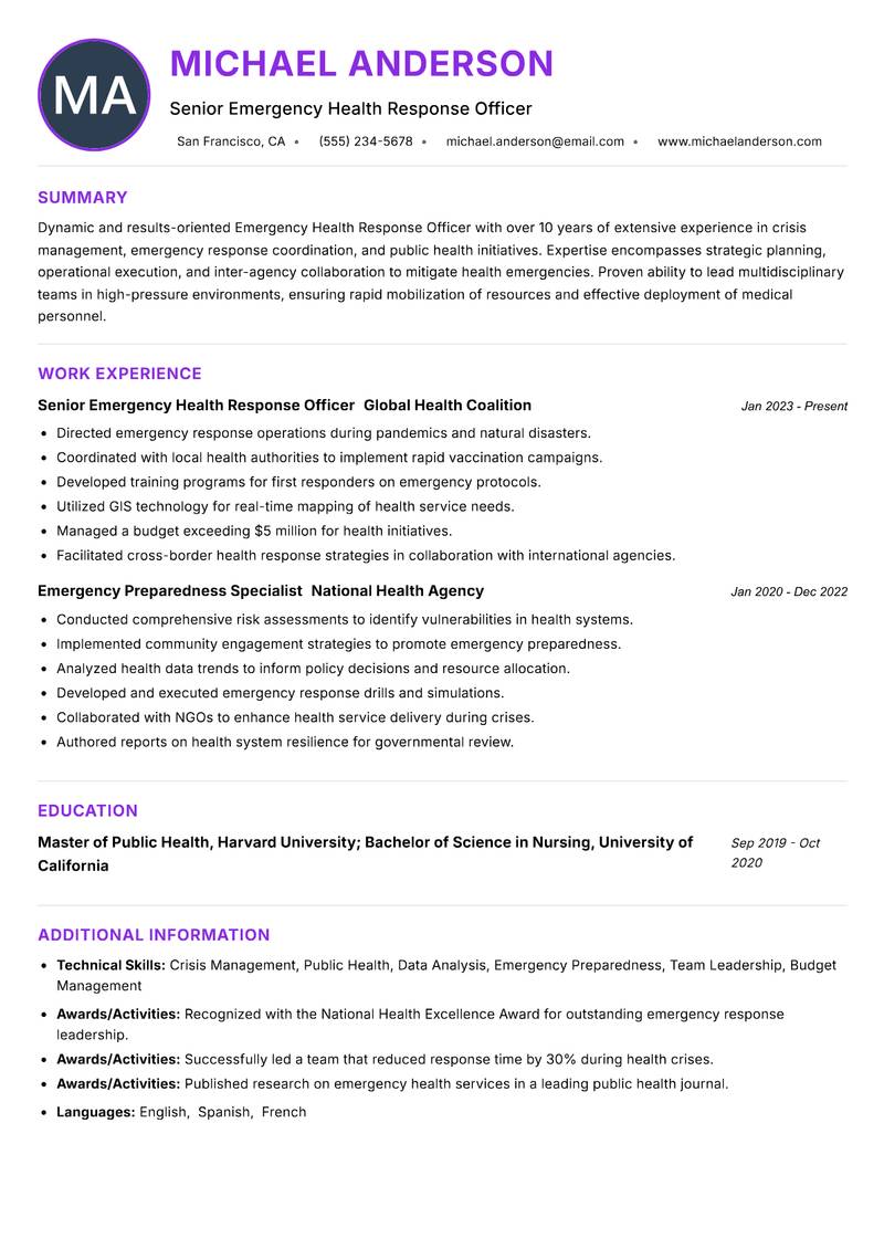 Emergency Health Response Officer resume example