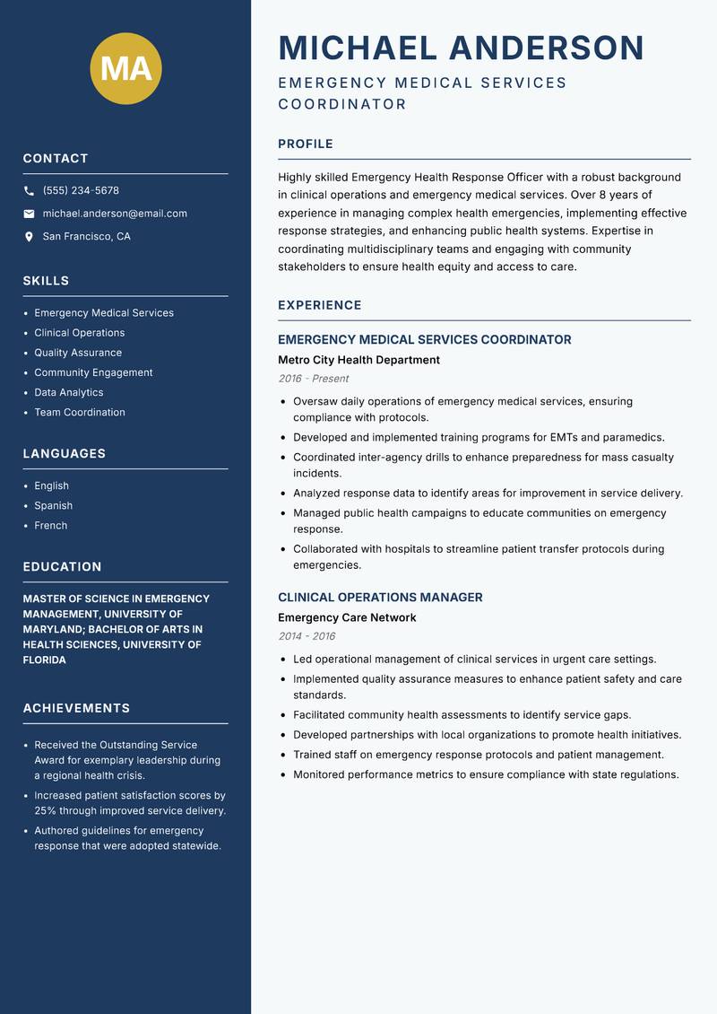 Emergency Health Response Officer resume sample — Emergency Medical Services Coordinator focus