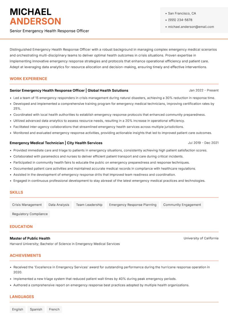 Emergency Health Response Officer resume sample — Senior Emergency Health Response Officer focus