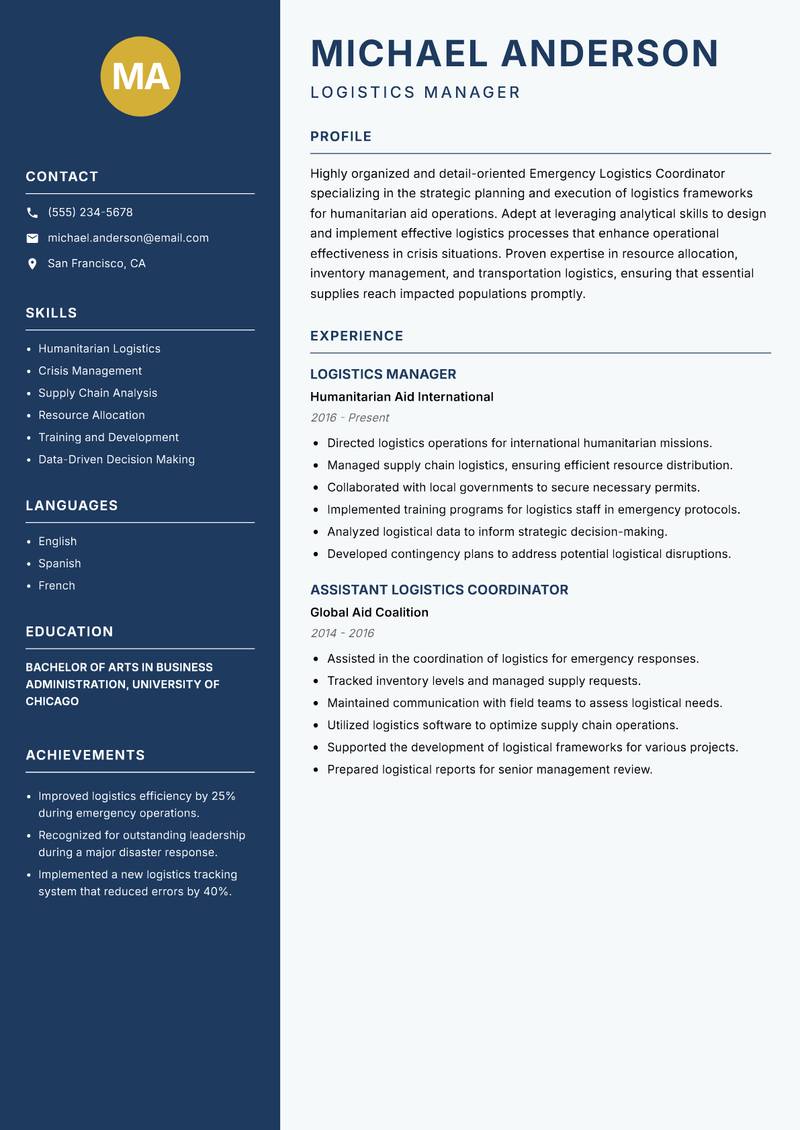 Emergency Logistics Coordinator resume sample — Logistics Manager focus