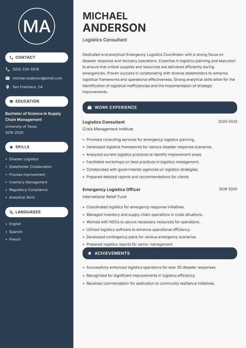 Emergency Logistics Coordinator resume sample — Logistics Consultant focus