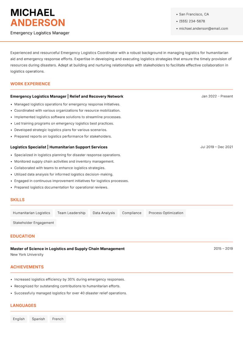 Emergency Logistics Coordinator resume sample — Emergency Logistics Manager focus