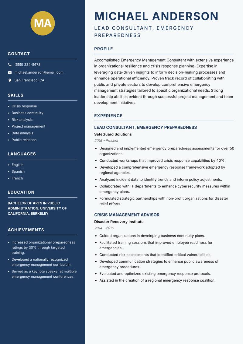 Emergency Management Consultant resume sample — Lead Consultant, Emergency Preparedness focus