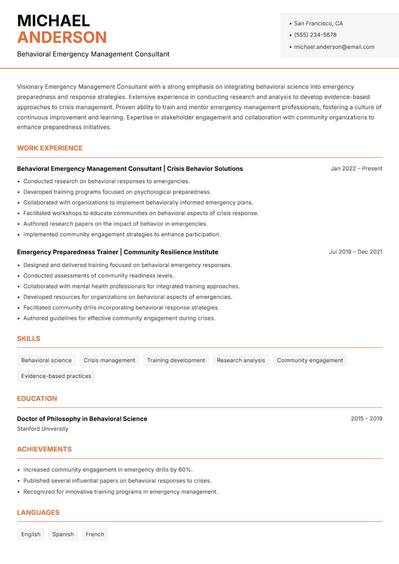 Emergency Management Consultant resume sample — Behavioral Emergency Management Consultant focus
