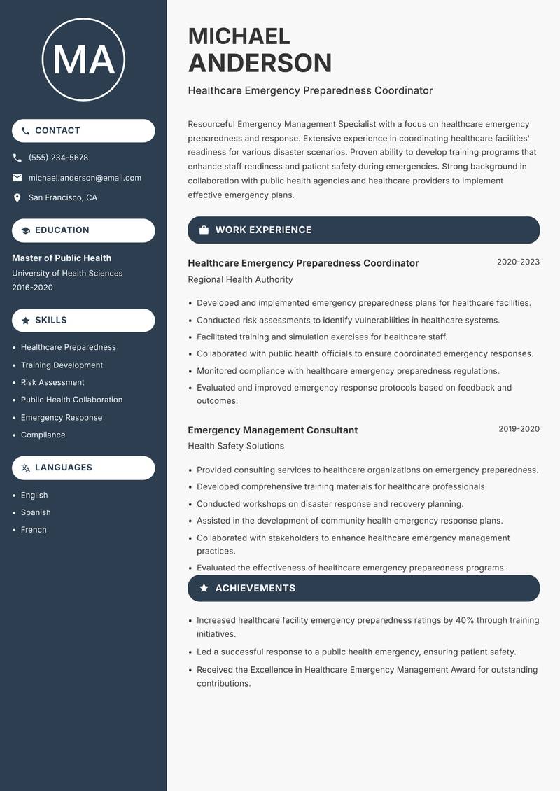 Emergency Management Specialist resume sample — Healthcare Emergency Preparedness Coordinator focus