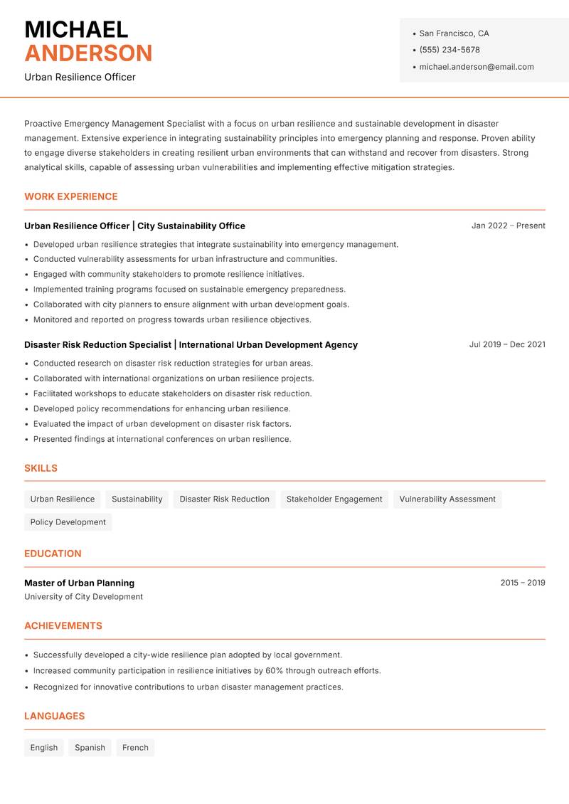 Emergency Management Specialist resume sample — Urban Resilience Officer focus