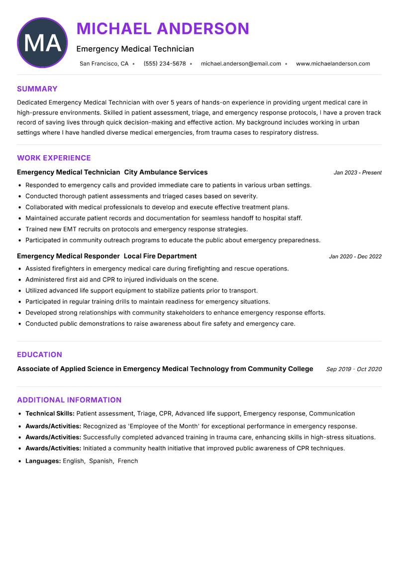 Emergency Medical Technician resume example