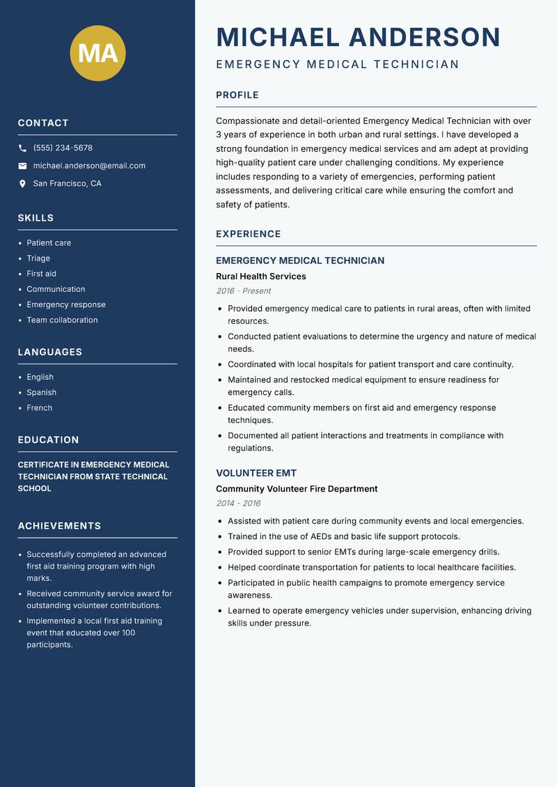 Emergency Medical Technician resume sample — Emergency Medical Technician focus