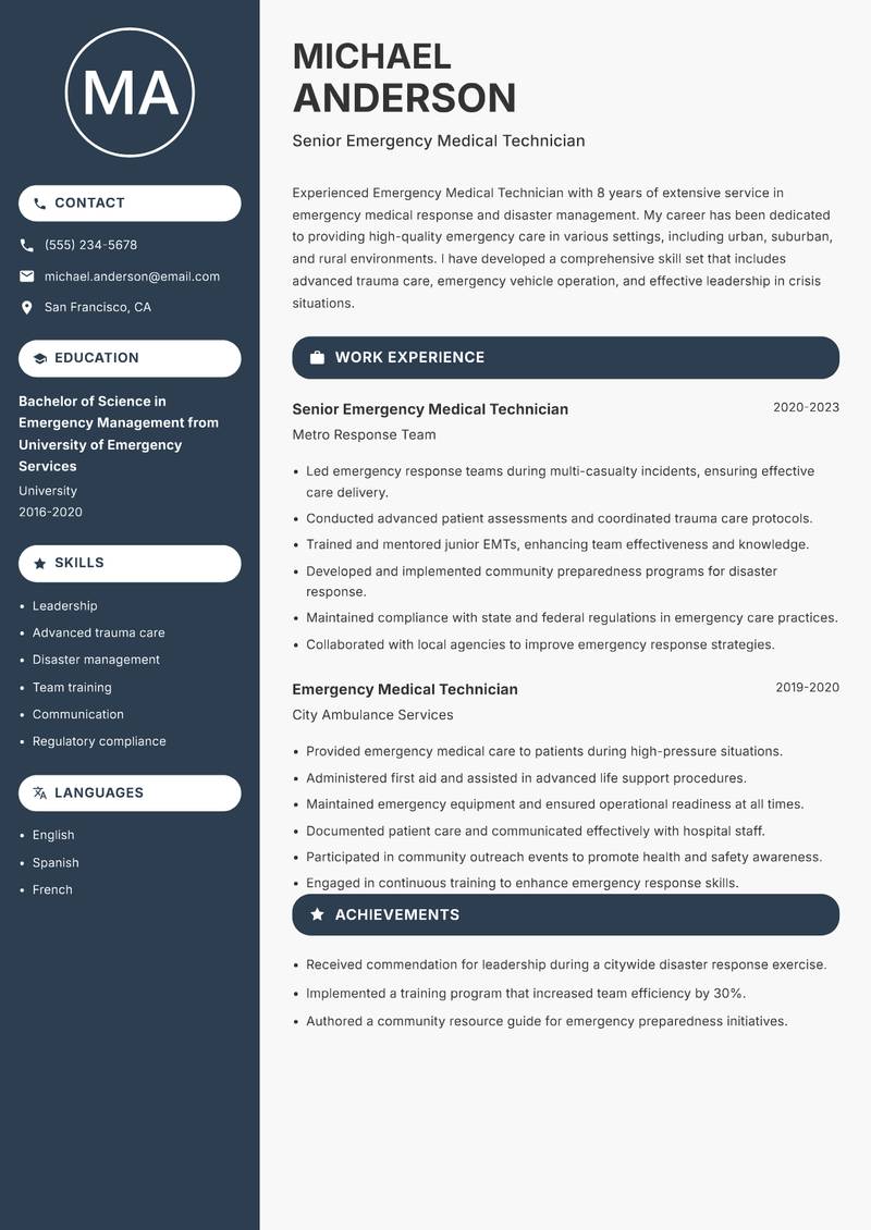 Emergency Medical Technician resume sample — Senior Emergency Medical Technician focus