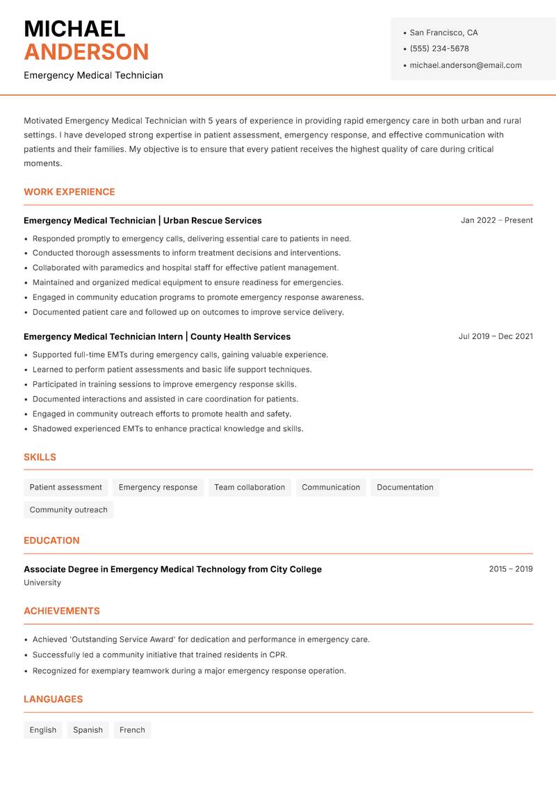 Emergency Medical Technician resume sample — Emergency Medical Technician focus