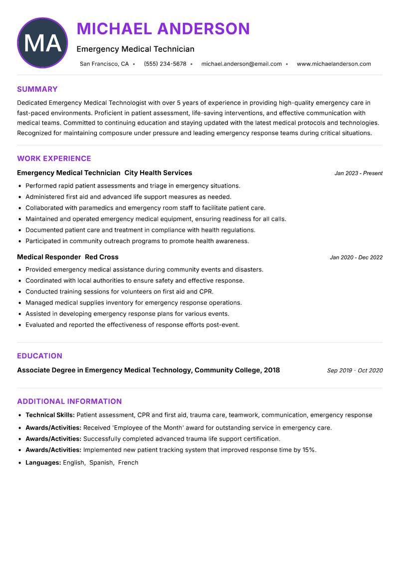 Emergency Medical Technologist resume example