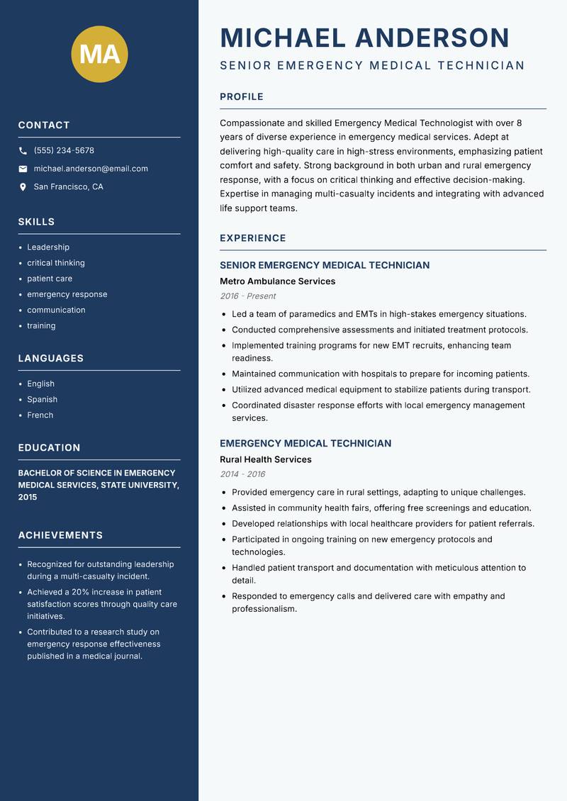 Emergency Medical Technologist resume sample — Senior Emergency Medical Technician focus